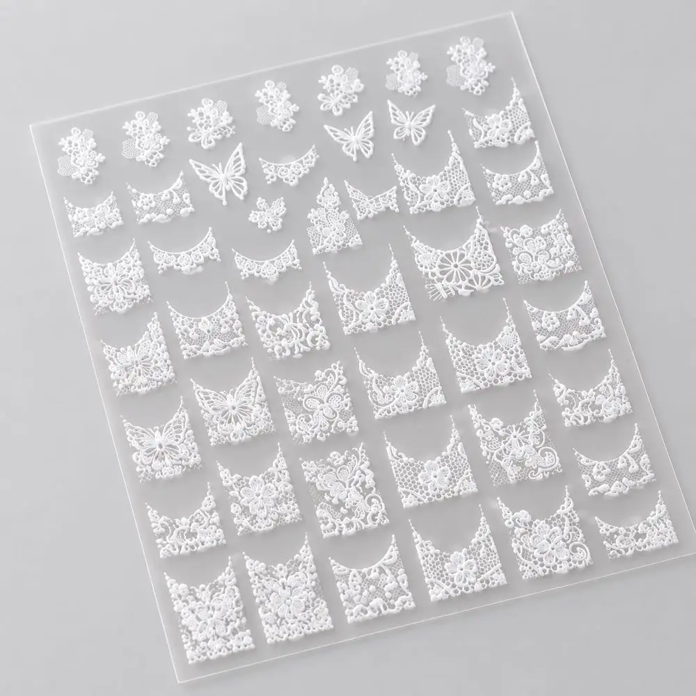INS Viral Lace Nail Stickers White Butterfly Flower 5D Embossed Self Adhesive Decals Trendy Influencer Nail Art Decor for Women