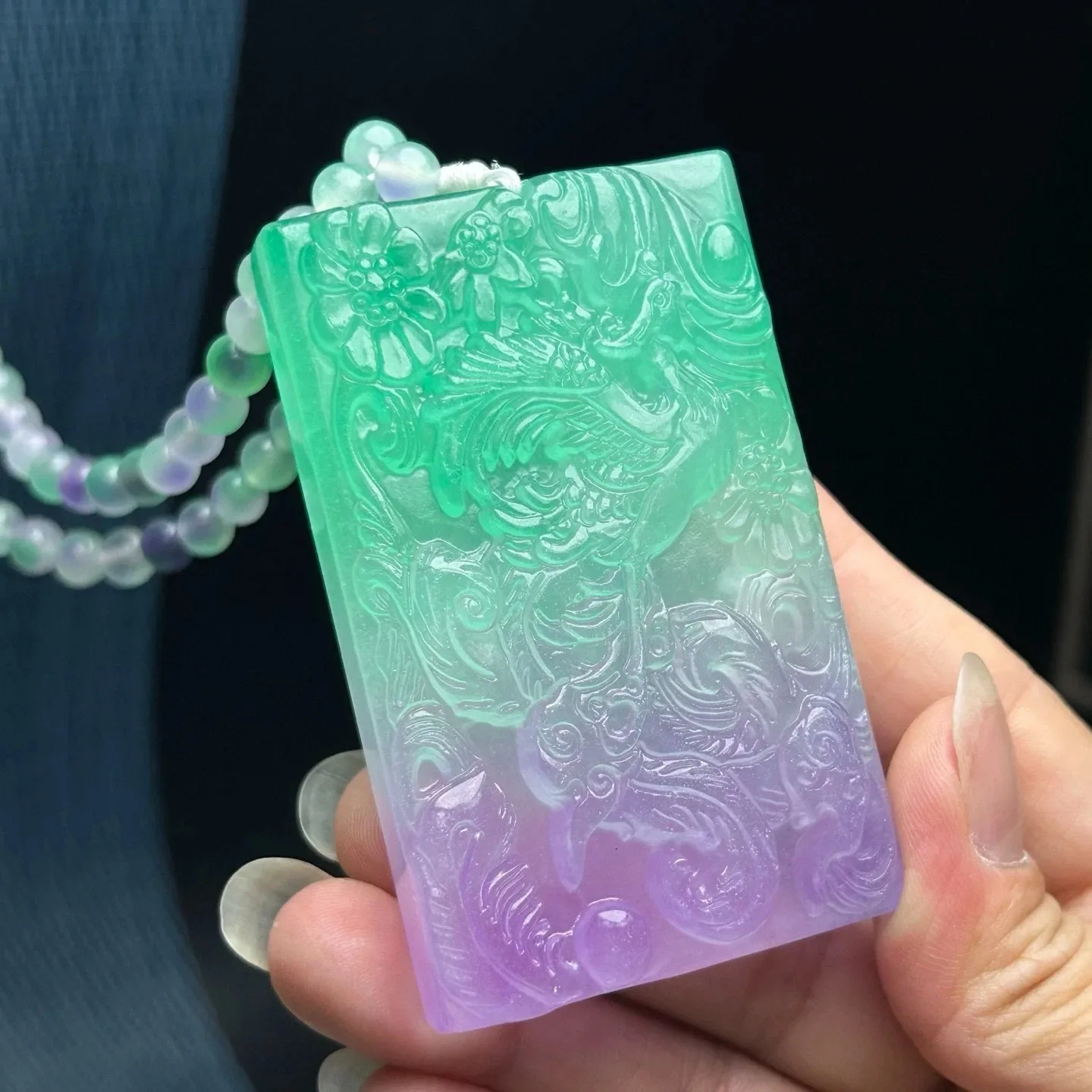 Real Natural ice Green jade Jadeite engraved amulet Pendant & Necklaces Phoenix