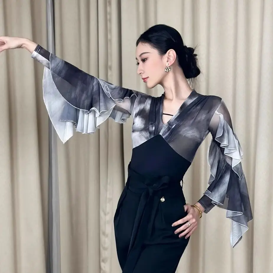 

Новая одежда для современных танцев вальса, бальных танцев, сетчатый топ с v-образным вырезом и рюшами, чача-танго, костюмы для латинских танцев, DN22300