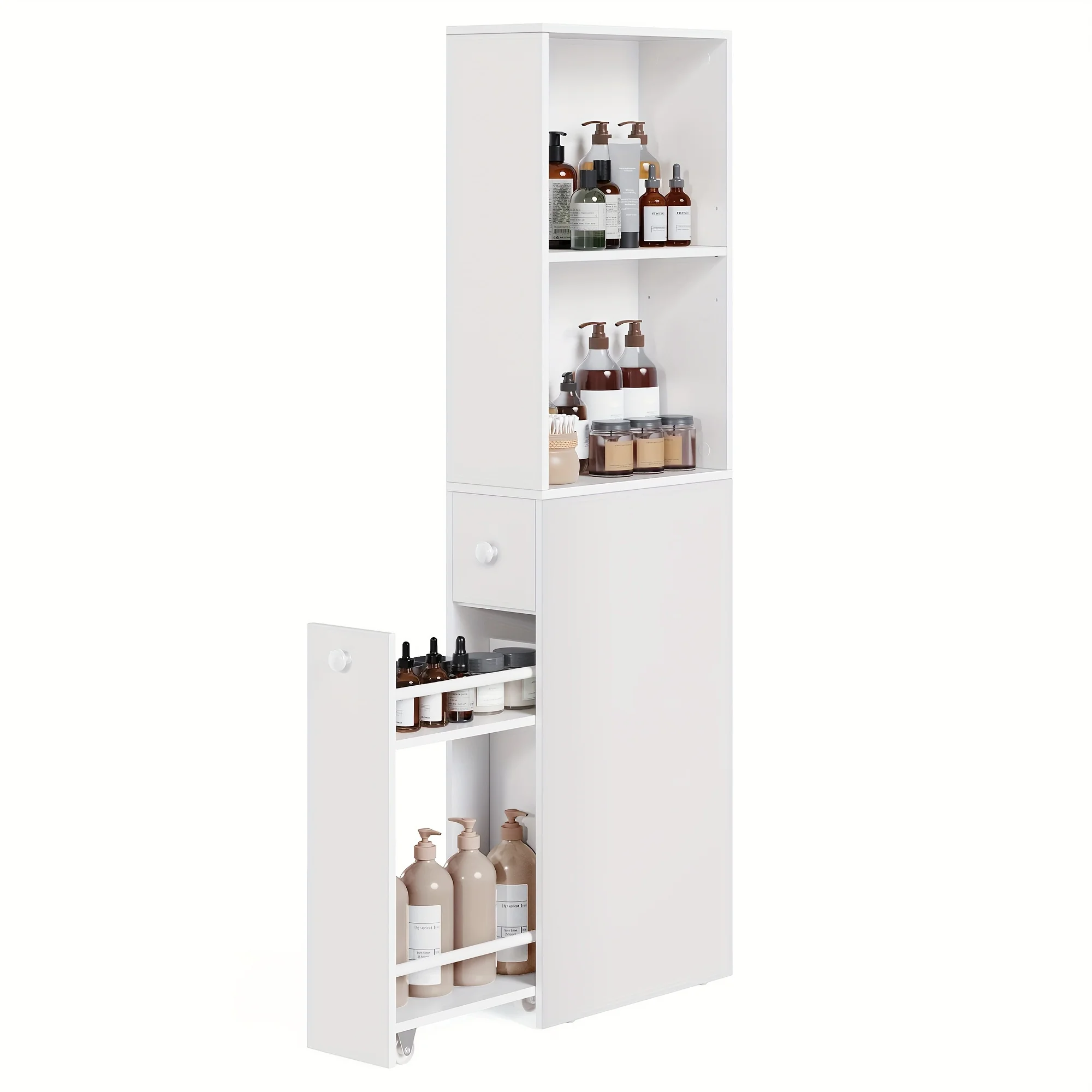 

1pc Slimline Bathroom Storage Cabinet - Space-Saving, Freestanding with Drawers & Adjustable Shelf - Perfect for Small Spaces