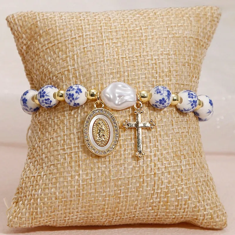 

Ceramic, golden beads Baroque pearl bracelet Virgin Mary and Jesus Charm Gift/Cross Jewelry/Christian Gift with Gift Box