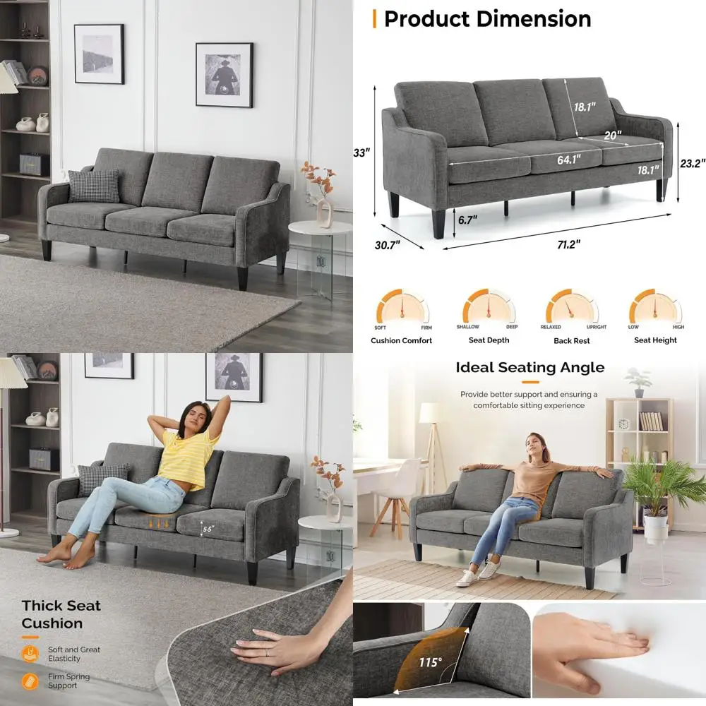 

Mid-Century Modern Grey Chenille Small Sofa Loveseat for Living Room, 71 Floor Sofa with Soft Fabric