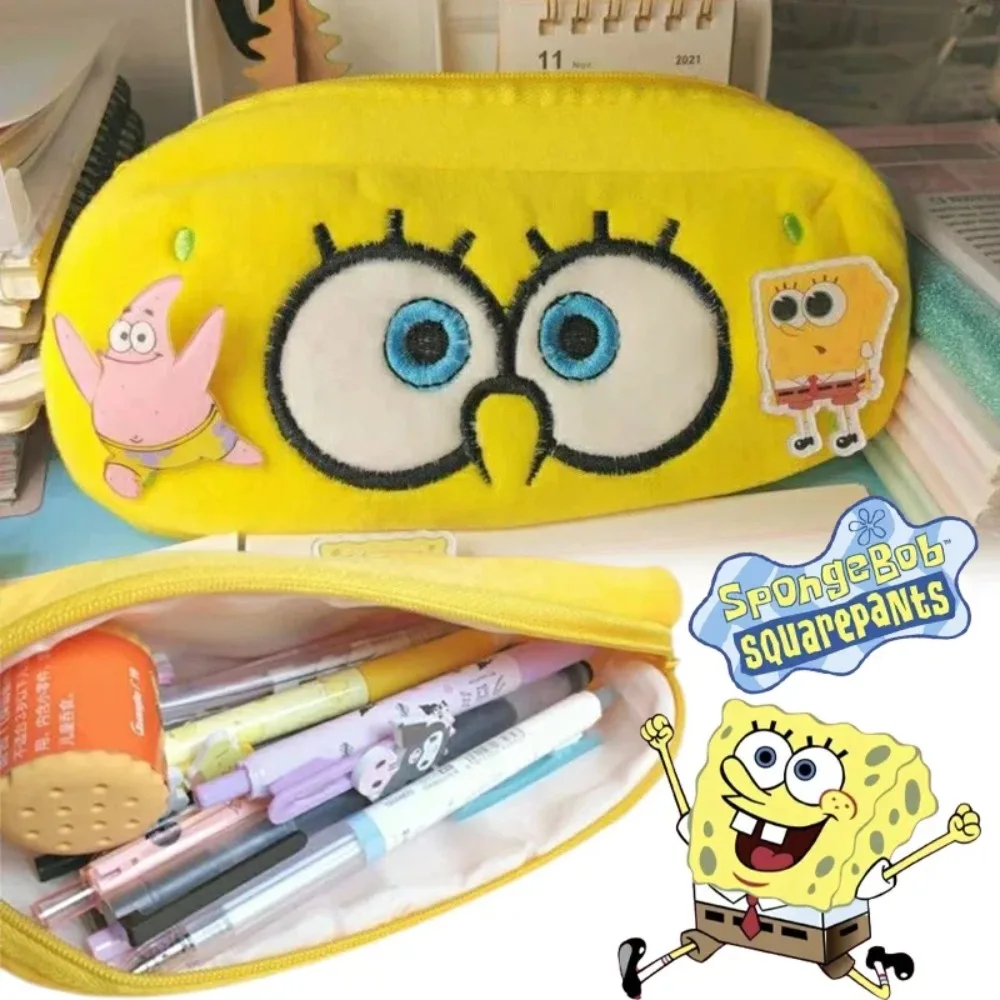 Estojo de Lápis do Bob Esponja, Bolsa de Canetas de Pelúcia com Desenho Animado, Estojo de Armazenamento de Material Escolar para Meninos e Meninas, Estojo de Lápis Fofo Bordado, Presentes de Recompensa para Estudantes