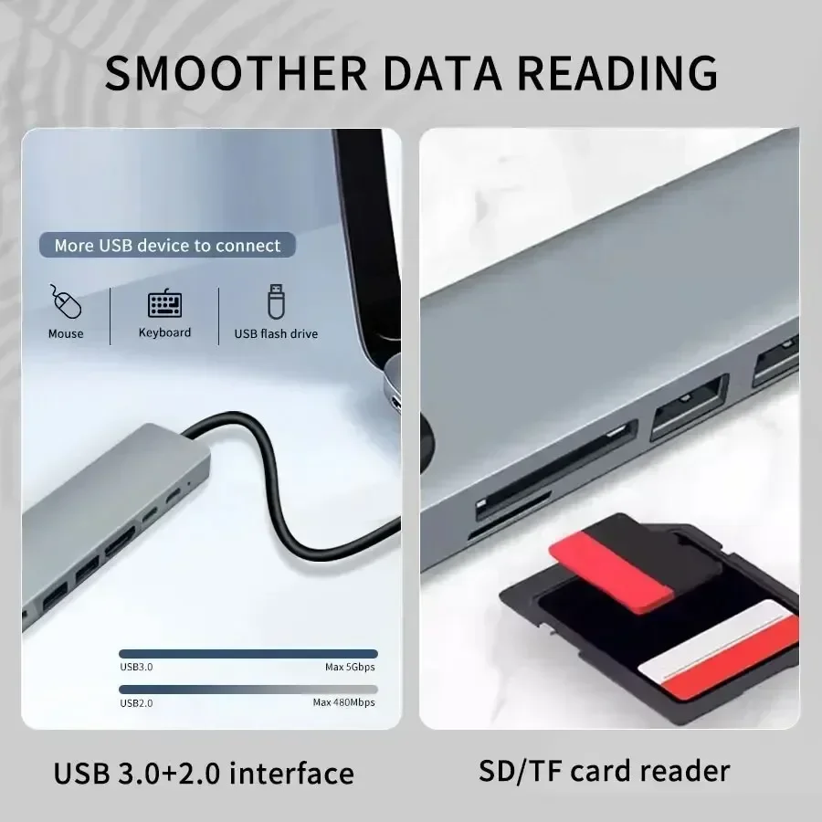 Stacja dokująca USB-C 8 w 1, hub USB, rozdzielacz USB, interfejs USB3.0, port SD/TF, port HDMI, kompatybilna z MacBookami i laptopami.