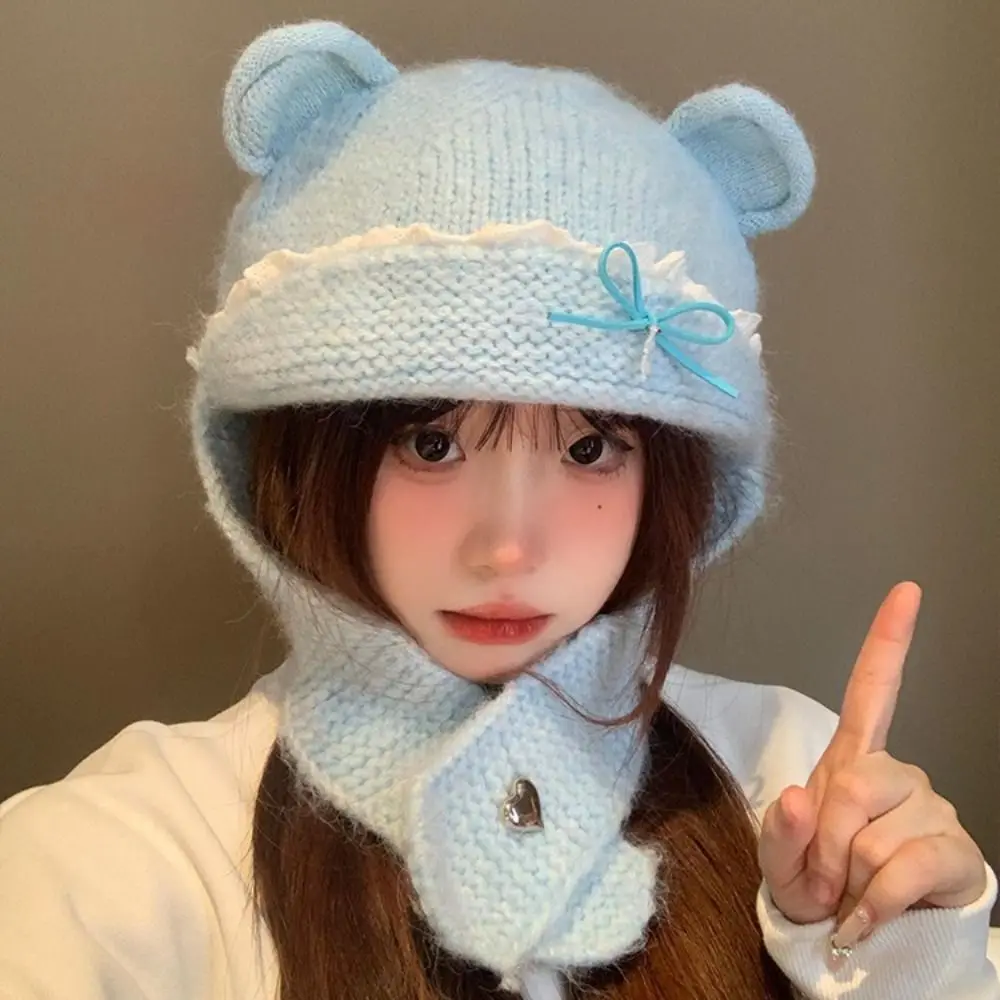 

Casual Sweet Bear Ear Knitted Hat Woolen Keep Warm Neck Collar Beanies Cap Solid Color Neck Protector Pullover Cap Girls