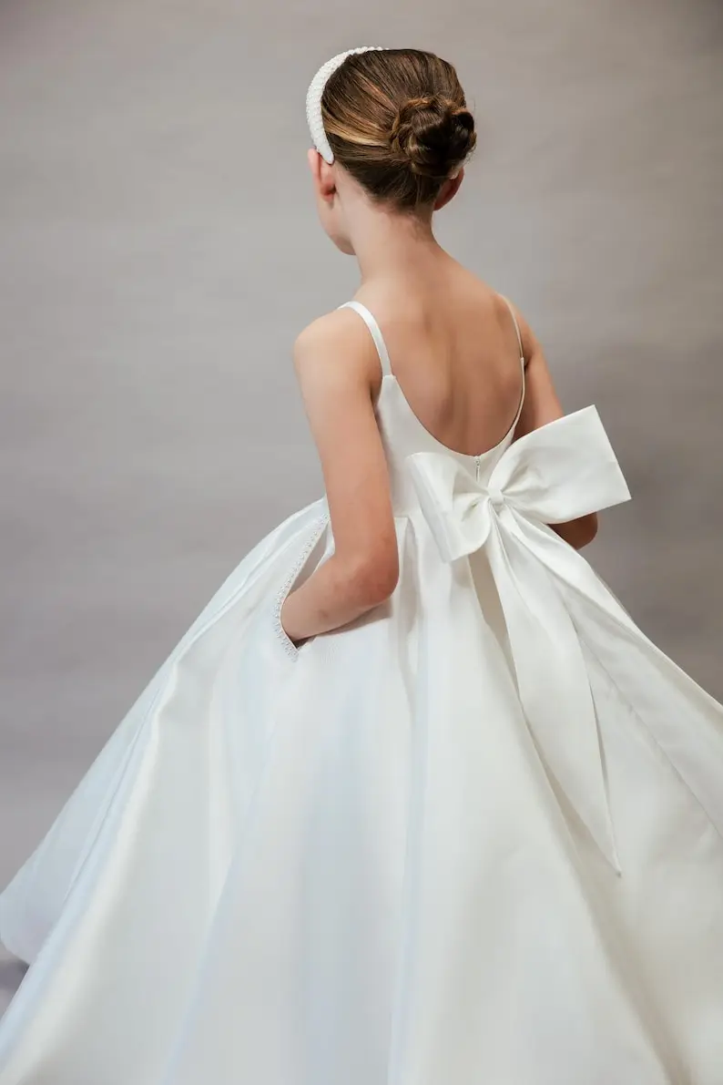 Свадебное платье цвета слоновой кости Mikado с цветочным узором для девочек, детское платье от кутюр с открытой спиной и открытой спиной, платье принцессы для дня рождения со шлейфом/бантом/кишенером