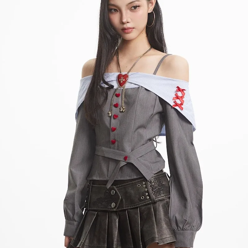 

Deeptown Gray Off Shoulder Women Shirts Bow Blue Striped Korean Fashion Crop Blouses Slim Long Sleeve Casual Office Lady Gyaru