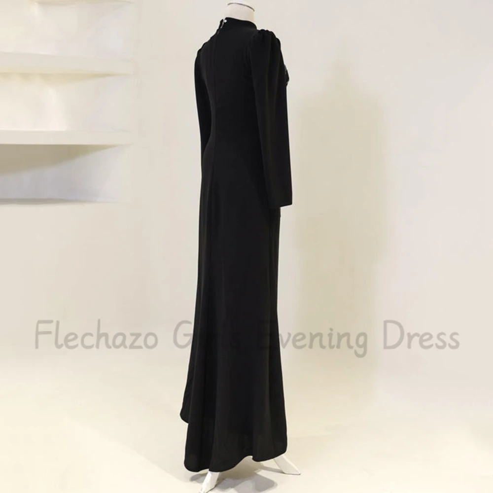 Flechazo-vestido preto de noite com pescoço alto para mulheres, vestidos personalizados, comprimento reto do tornozelo com beading, mangas compridas, festa e banquete