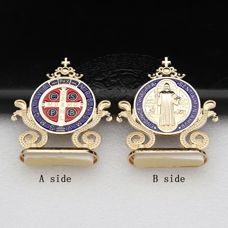 St. Benedict Cross Craft Ornament Enamel Metal Saint Benedict Statue Car Home Office Table Decoration Religious Blessing Decor