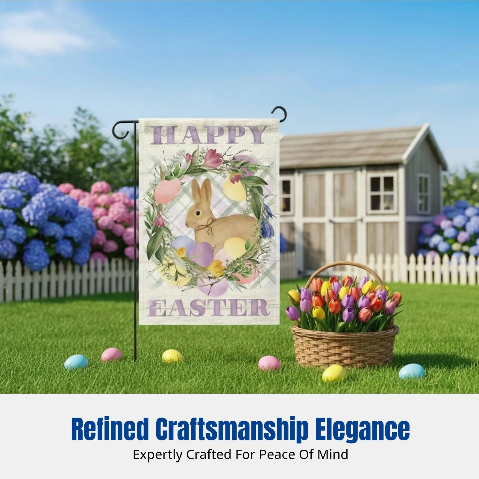 

Пасхальный баннер с изображением кролика, имитация льняной ткани, двусторонний флаг для сезонного украшения двора, декор для семейных встреч