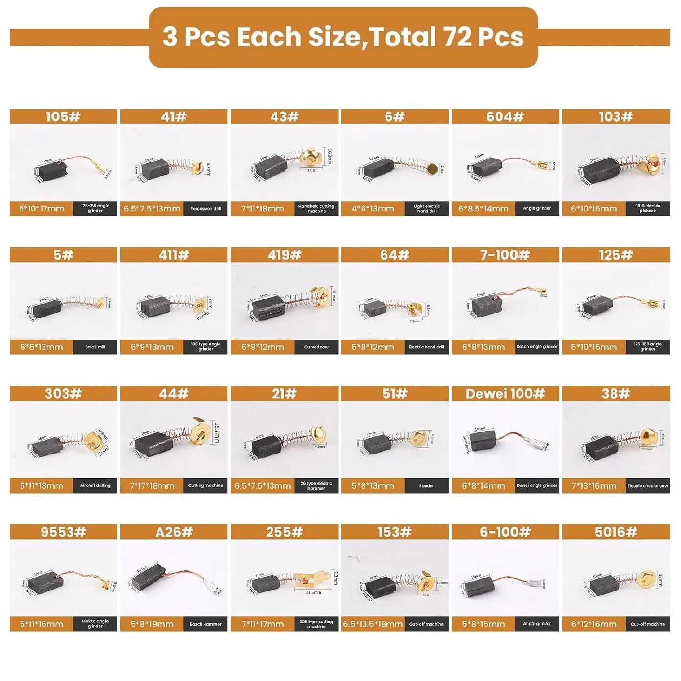 72Pcs Set Carbon Brushes for Motors 24 Different Sizes Repair Kit for Various Tools Motor