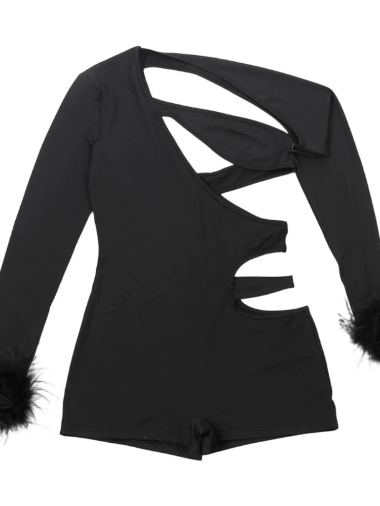 SsTss الصلبة ريشة تقليم كم طويل بذلة للنساء مثير غير المتكافئة قطع سليم تمتد Bodycon رومبير للحزب ليلة