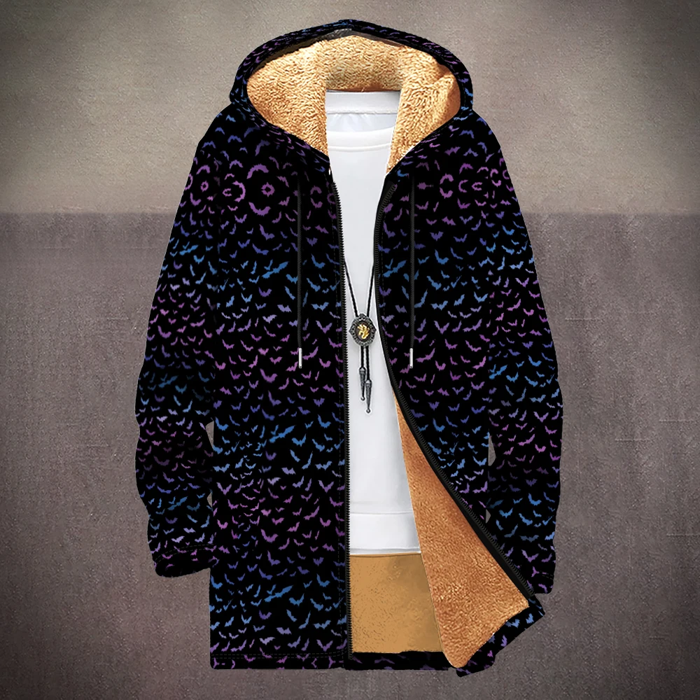 

Halloween Cozy Fleece Hooded Parka Jacket with Bat Pumpkin Patterns Warm Unisex Pullover Fall Winter Fashion Costume Outerwear