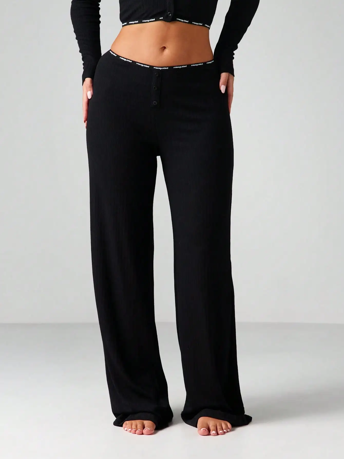 

Black Ribbed Button-Front Wide Leg Lounge Pants with Elastic Waistband