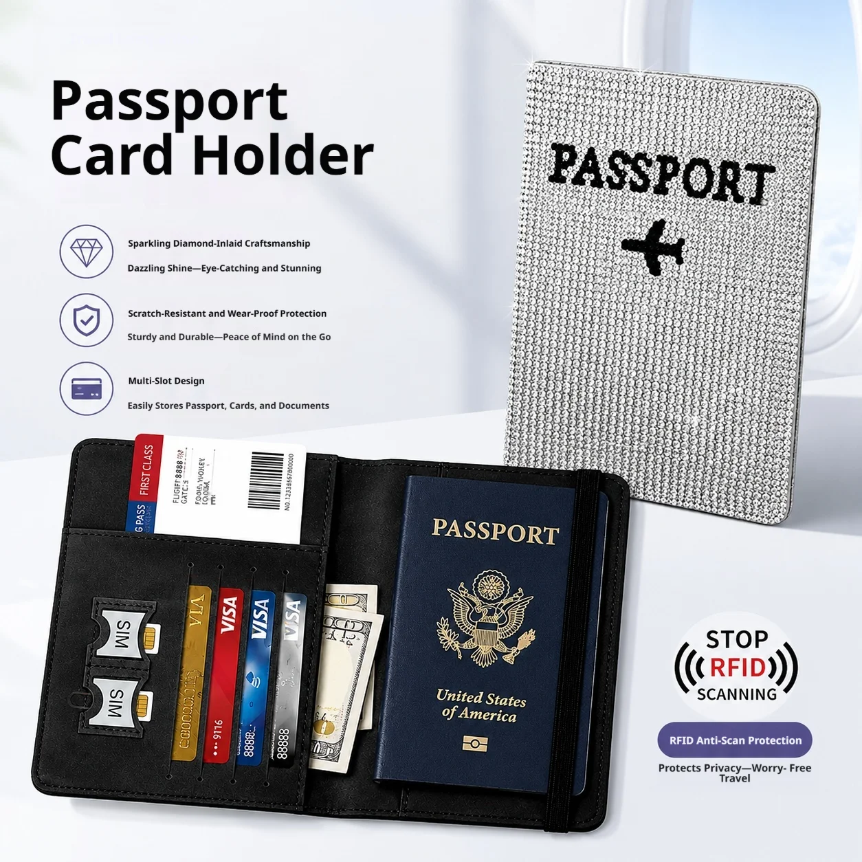 Rhinestone Passport Holder Multifunctional Travel Card Wallet Bling PU Leather ID Card Cover, Christmas Halloween Holiday Gift F