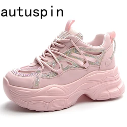 AUTUSPIN 7.5cm Women Hidden Heeled Sneakers Summer Autumn Shiny Rhinestones Luxury Ladies Sports Shoes Genuine Leather Fashion