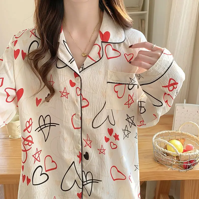 여성용 2025 하트 스타 프린트 클라우드 코튼 카디건 파자마 세트 가을 겨울 긴팔 바지 포근한 스위트 홈 라운지웨어