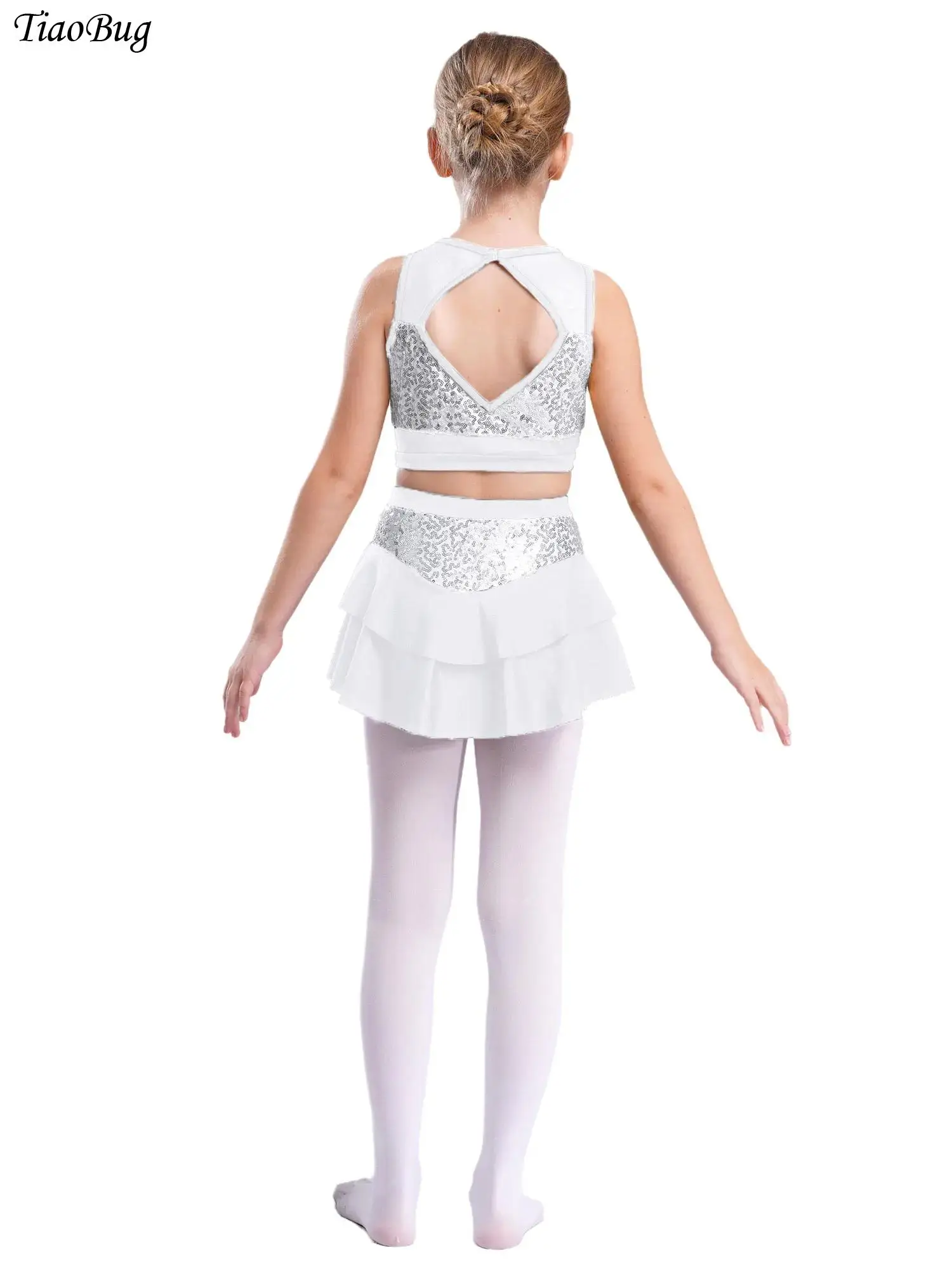 

Kids Girls Jazz Dance Outfit Sleeveless Sheer Mesh Patchwork Shiny Sequins Crop Top with Tiered Skirt Cheerleading Dance Costu