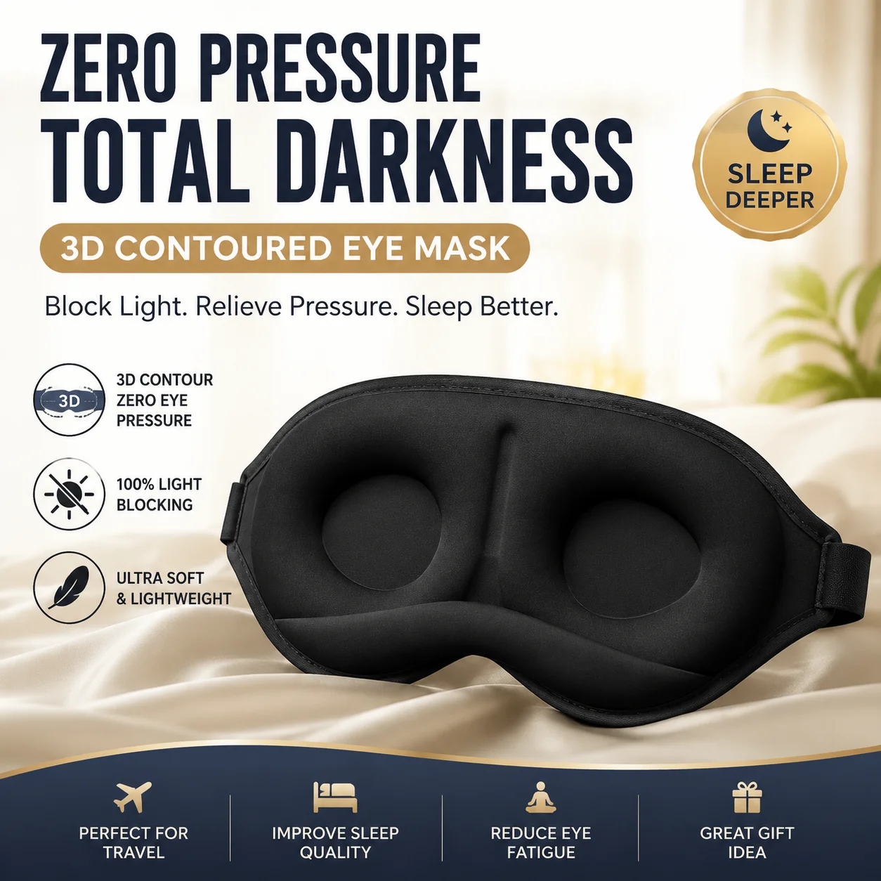 3D Eye Mask Adjustable Suitable for Men and Women with No Pressure on the Eyes Breathable and Light Blocking Eye Mask Black