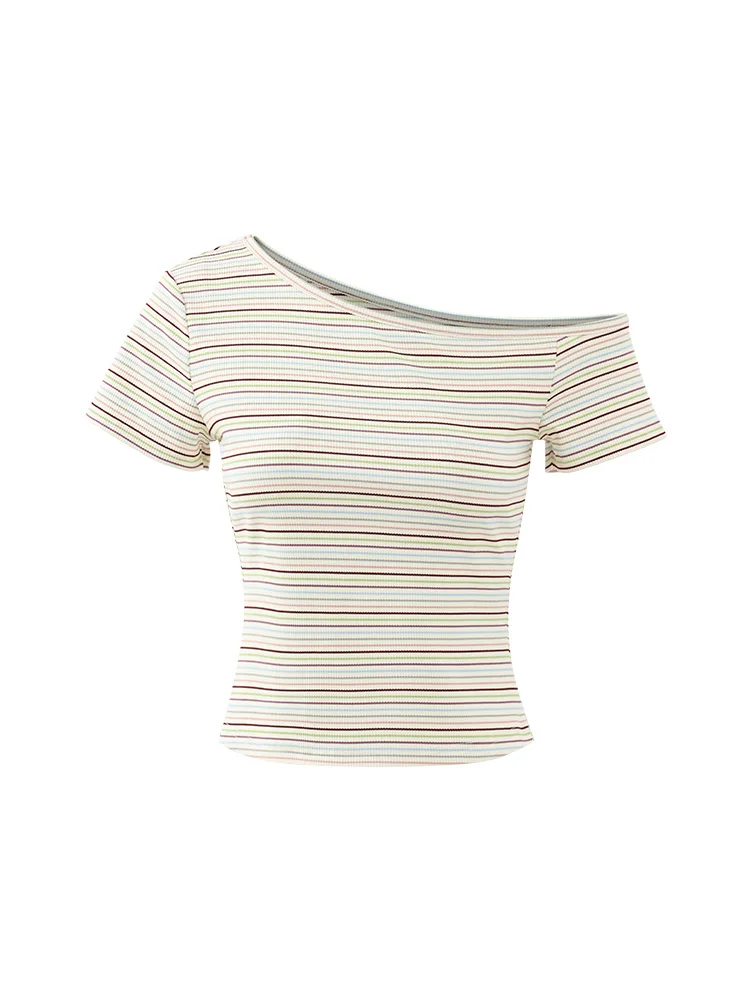Striped One Shoulder Slim Fit T-Shirt Women Summer Short Sleeve Off Shoulder Crop Top Stretchy Sexy Tee Casual Daily Streetwear