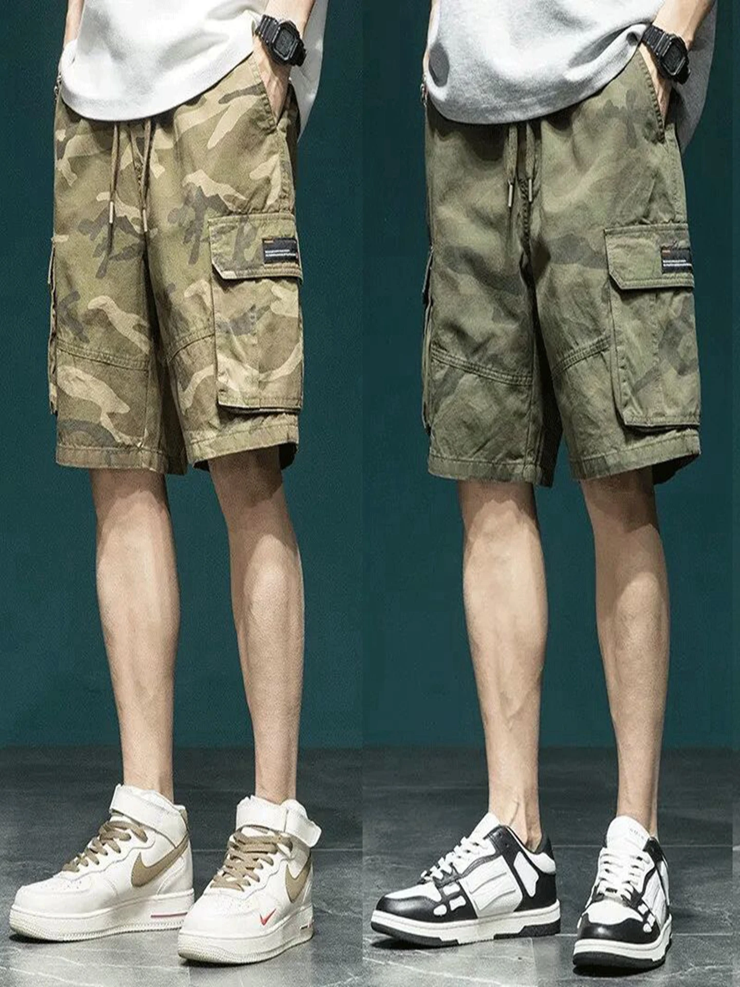 

Камуфляжная рабочая одежда из чистого хлопка, мужские летние свободные брюки большого размера среднего размера в американском стиле ретро, повседневные брюки пять четвертей