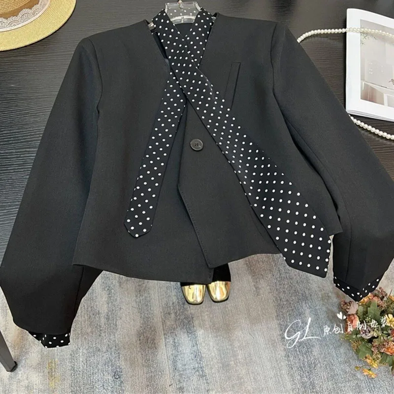Spring Autumn Women High-end Polka Dot Ribbon Patchwork Outwear Female Fashion V-neck Jacket Korean Ladies Color Blocking Coat