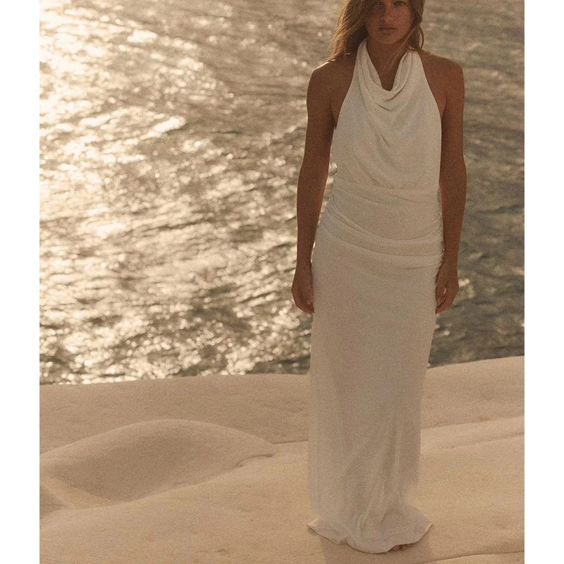 صيف جديد Sle المرأة Ele Bal Dr مع طيات معلقة Ne طوق Svel ثوب طويل ارتفاع الخصر تخفيف