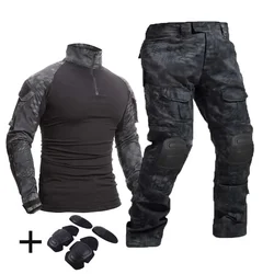 Men's Tactical Suit +Pads Combat Shirt Cargo Pants Military Uniform T-Shirts Sniper Combat Shirt Army Camo Outdoor Men Suits