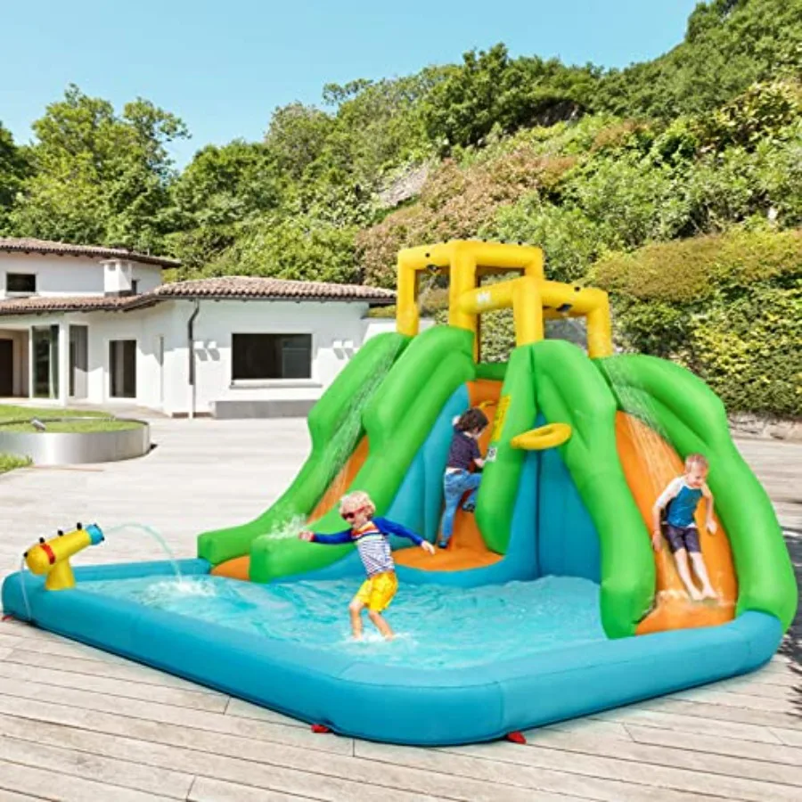 Inflatable Water Slide for outdoor racing fun, PVC material, blue and yellow, 6-in-1 dual slides with climbing wall and jump ca
