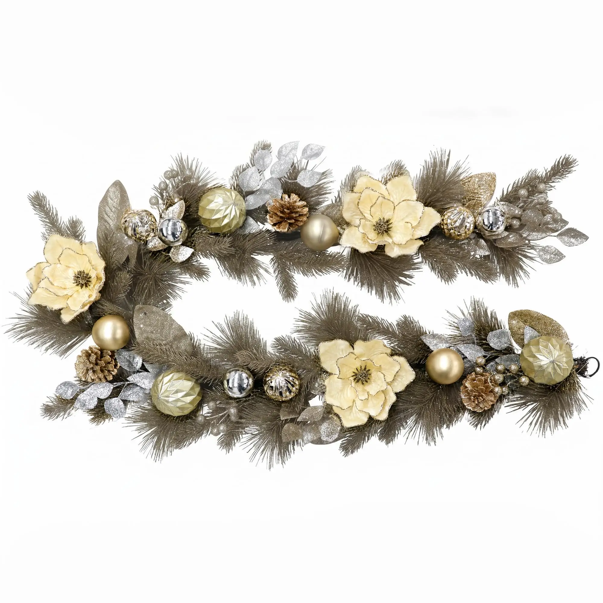6ft Pre-Lit Christmas Garland With 20 Battery Led Lights, 8 Modes Timer, Gold Silver Ball Ornaments For Mantel Stairs Fireplace Decor