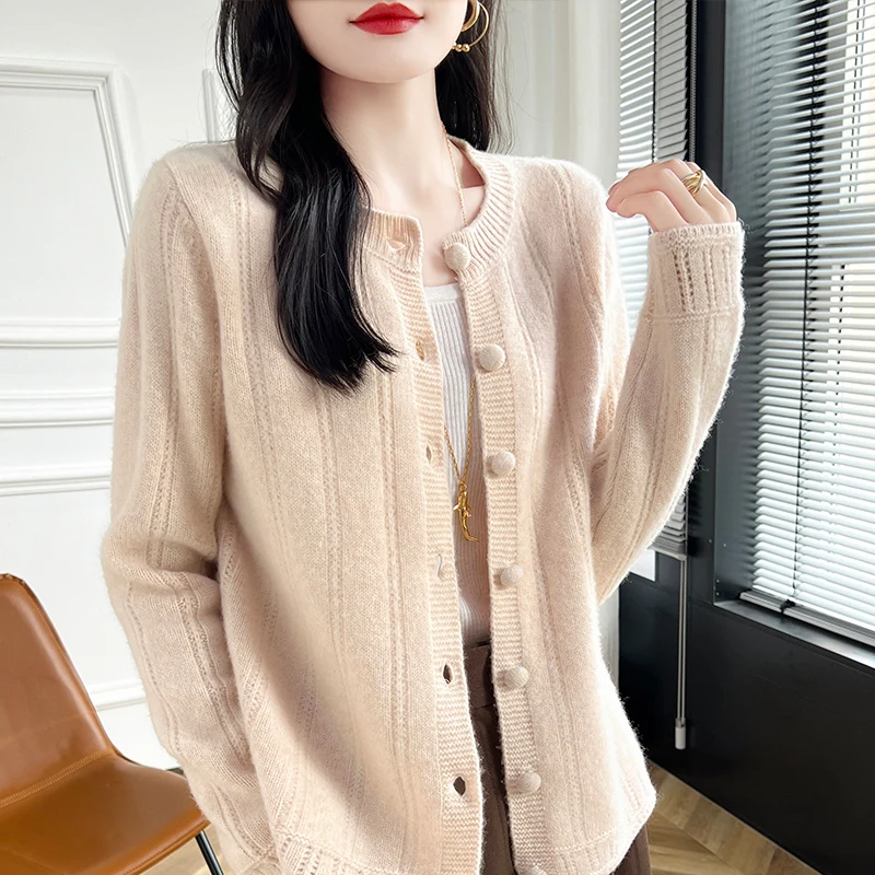 Spring Autumn New Women\'s Clothing 100% Pure Wool Round Neck Knitted Cardigan Fashion Loose Tops Korean Coat Shirt Long Sleeve