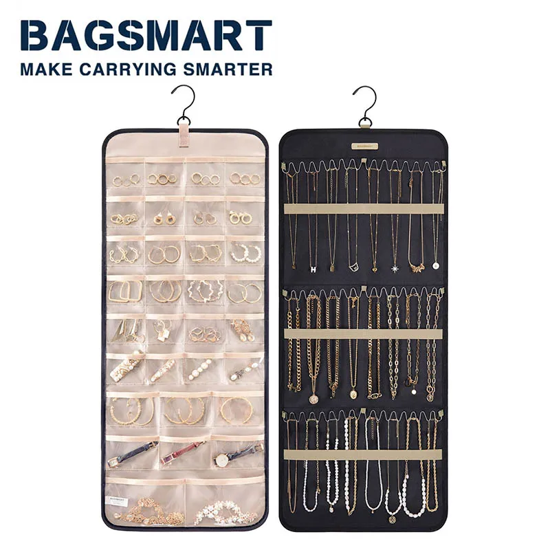 

BAGSMART Hanging Jewelry Organizer Storage Double-Sided Roll with Hanger Metal Hooks Earrings Necklaces Rings Jewelry Holder