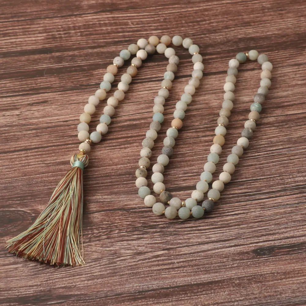 Natural multicolored agate stone frosted prayer beads fine pecking necklace with 108 prayer tassels pendant, fashionable jewelry