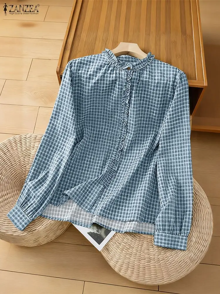 

ZANZEA, женские элегантные клетчатые рубашки с рюшами, осень 2021, клетчатые блузки с длинными рукавами на пуговицах, повседневная повседневная одежда, женские топы