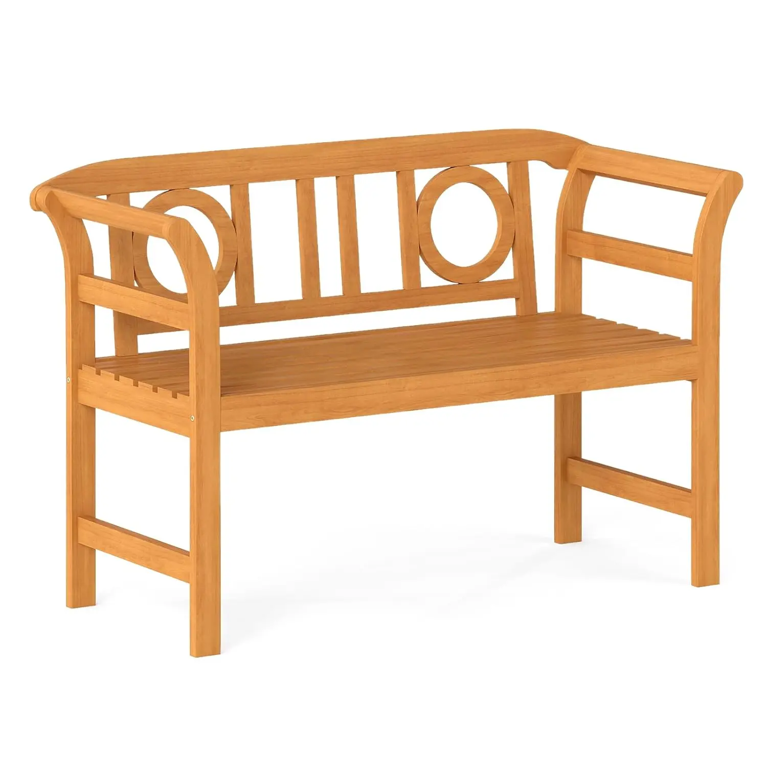Acacia Wood Outdoor Bench with Circle Backrest, Park Bench for 2