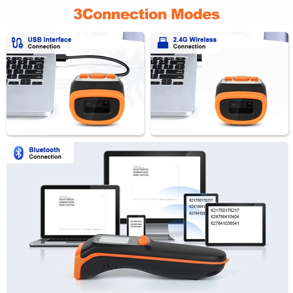 Imagem -02 - Mini Bolso Barcode Scanner Usb com Fio Bluetooth 2.4g sem Fio 1d 2d qr Pdf417 Código de Barras para Ipad Iphone Android Tablets pc Mbs08d