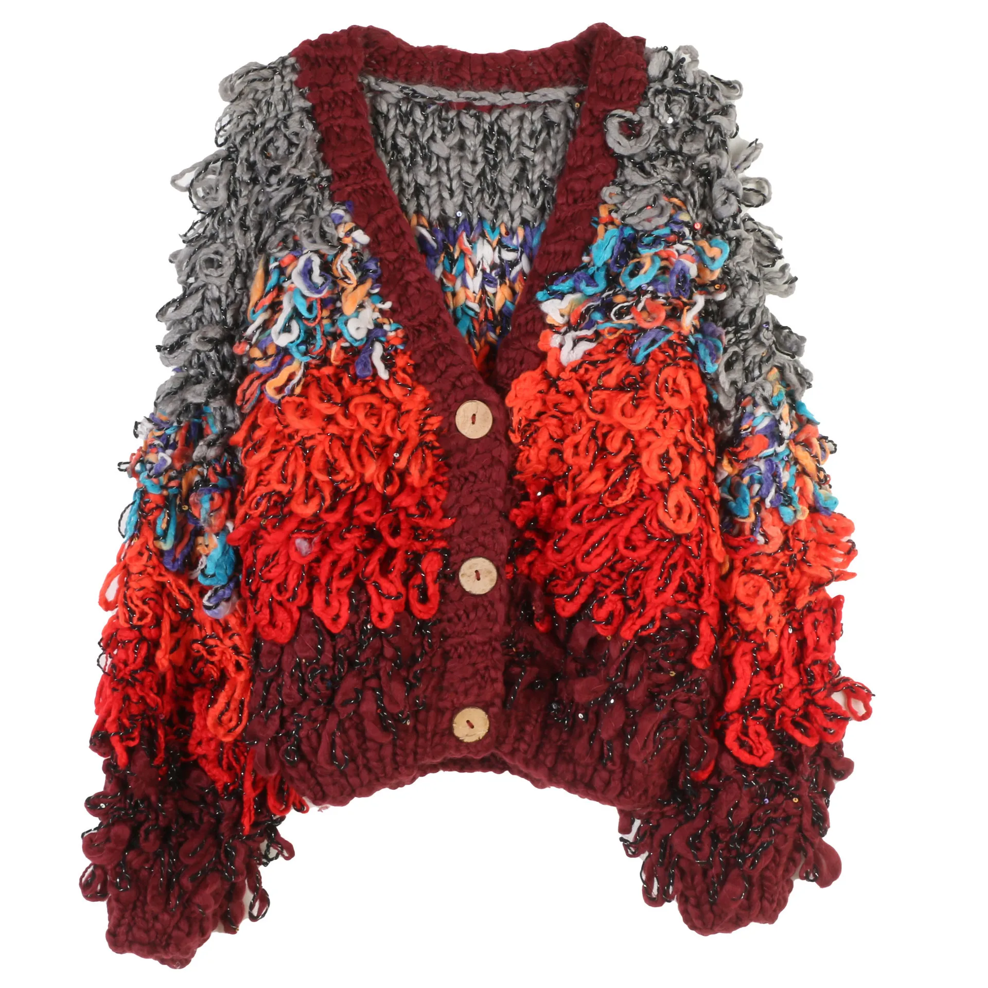 

Retro Contrast Color Tassel Bohemian Sweater Cardigan Loose Fashion Autumn And Winter New V-neck Long-sleeve Sweater Jacket Tops