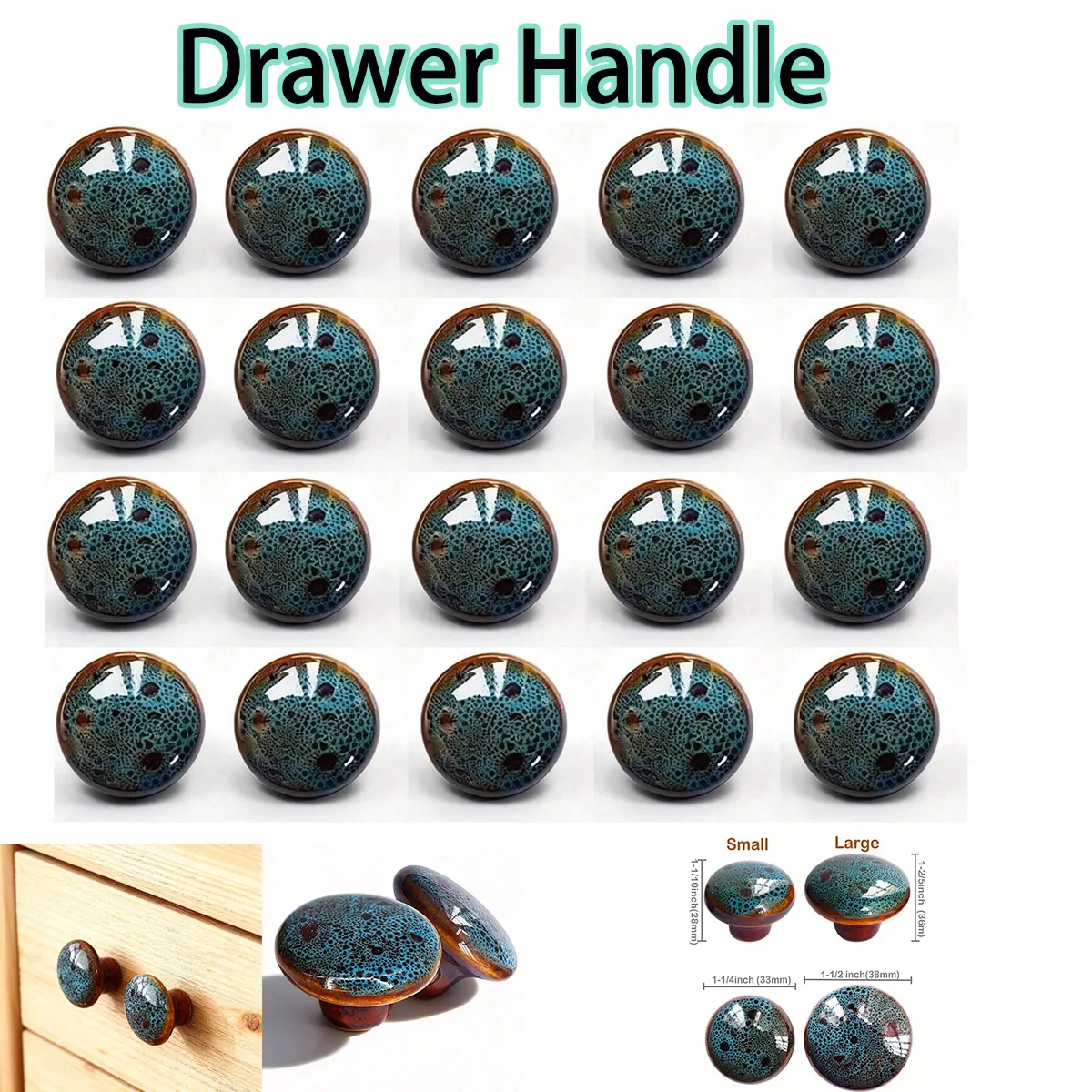 33mm Vintage Blue Ceramic Knob Polished Metal Finish Antique Drawer Pulls for Cabinet Doors Home Decor Handles