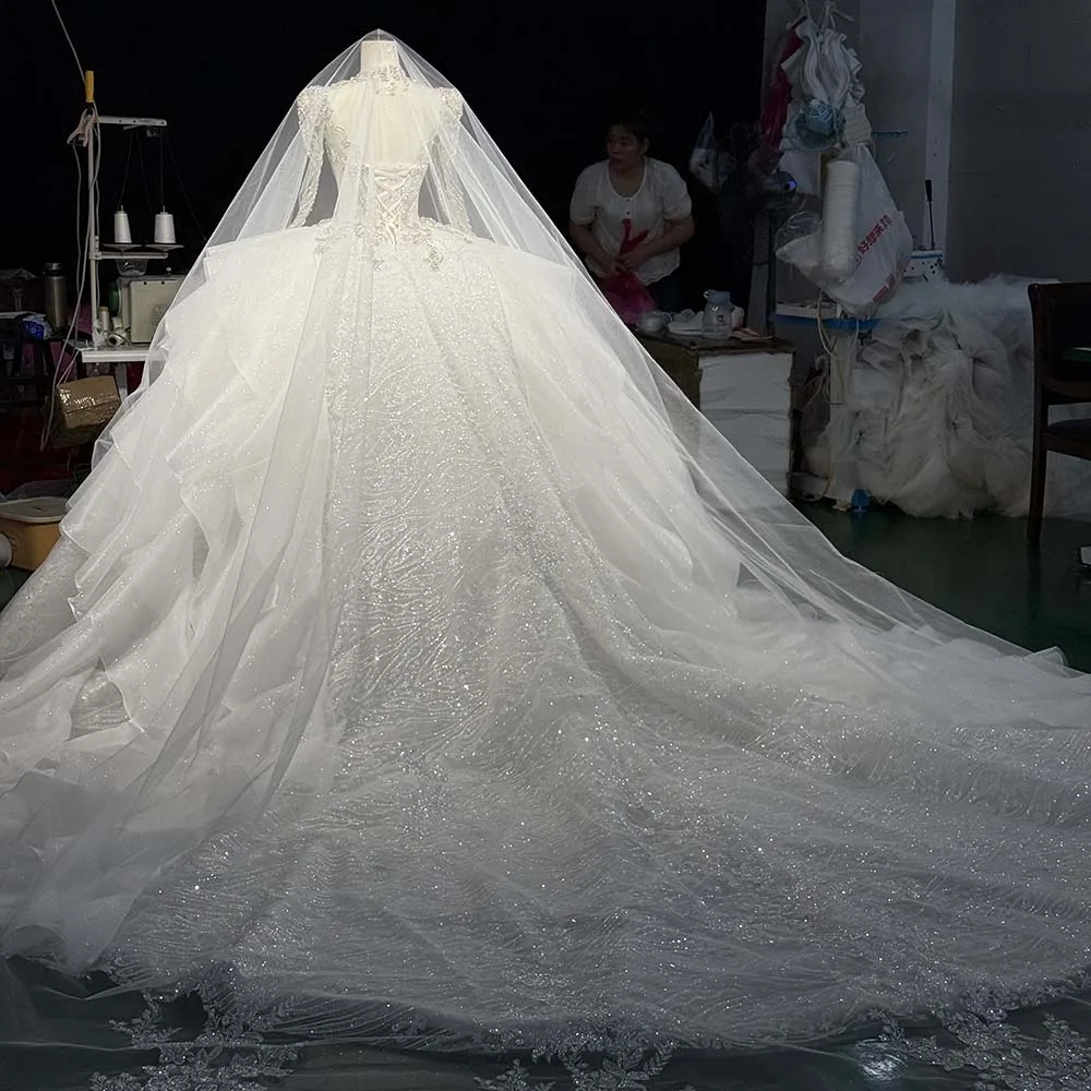 Starlit Wedding Dress White Glitter Tulle Ball Gown Customized High Neck Long Sleeves Beading Ruched Appliques vestidos de boda