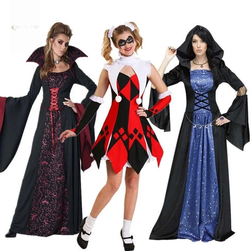 Adult Women's Halloween Vintage Costume Dress Clown Medieval  Devil Witch Court Outfit Ethnic Stage Performance Clothing