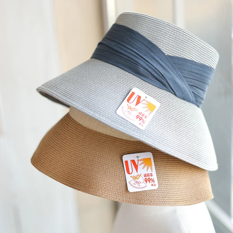 Japanese simple fashion pleated ribbon flat basin hat women's summer trip foldable casual sun protection fisherman's straw hat