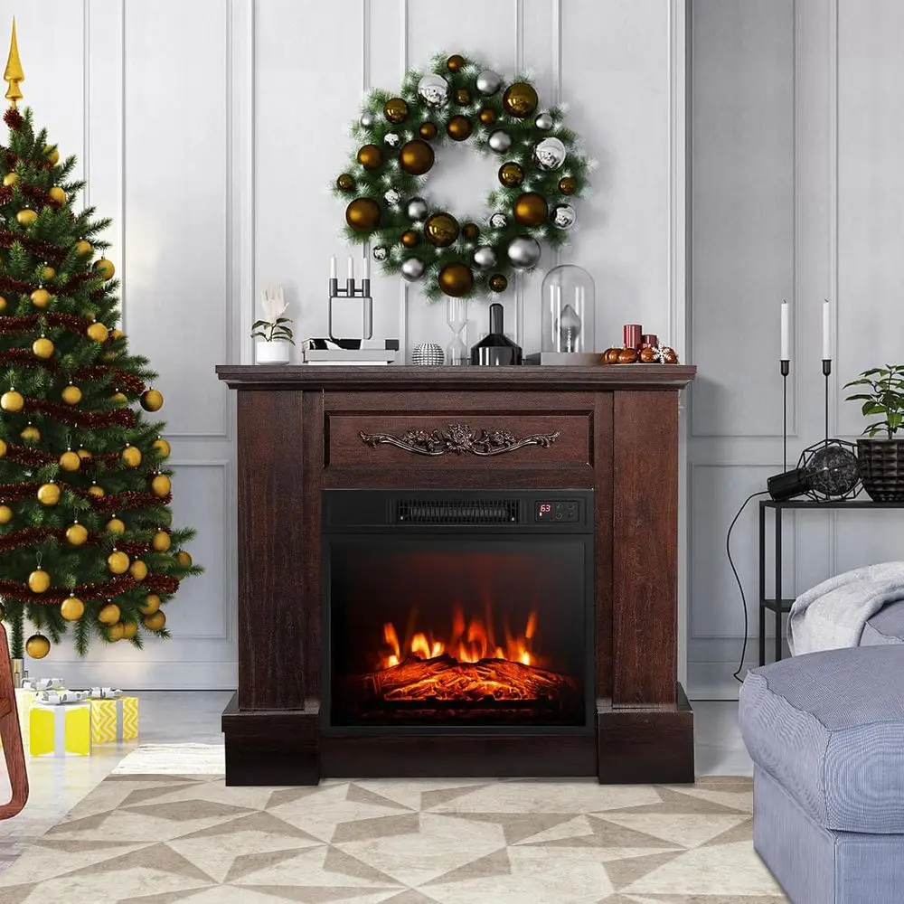 Electric Fireplace with Mantel, Package Wooden Fireplace Surround, Freestanding 18 Insert Heater with 3 Flame Effects, Remote &