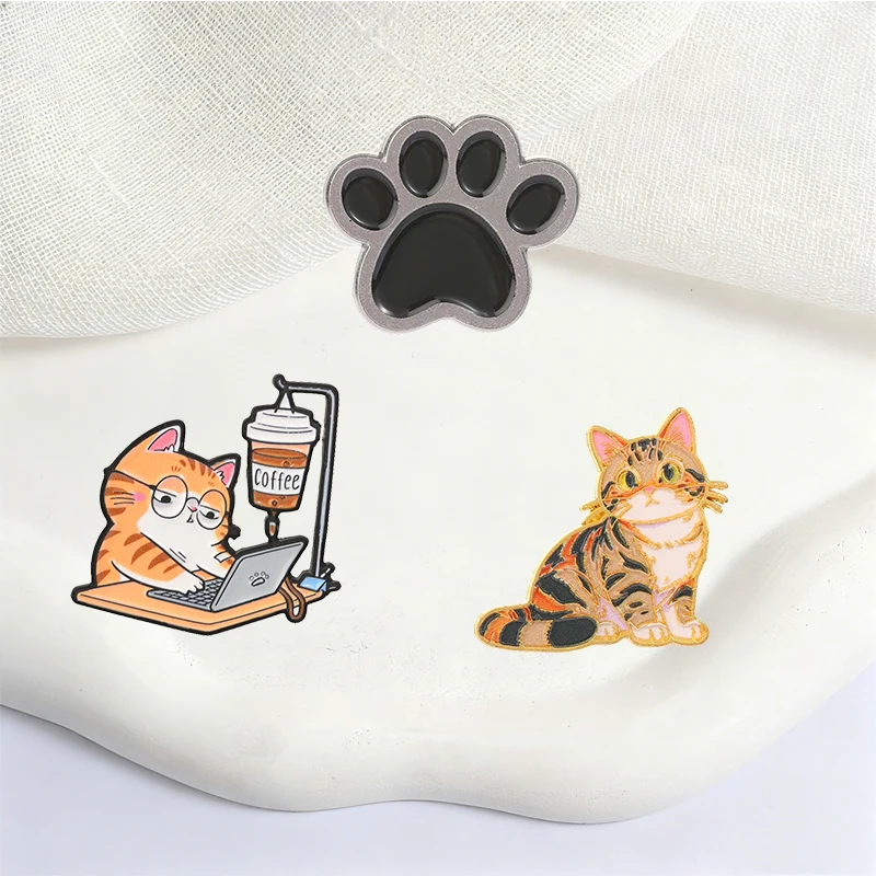 Cute Cat Series Badge Working Coffee Cat Paw Enamel Pins Fashion Lapel Metal Brooches Backpack Cloth Jewelry Gift for Friends