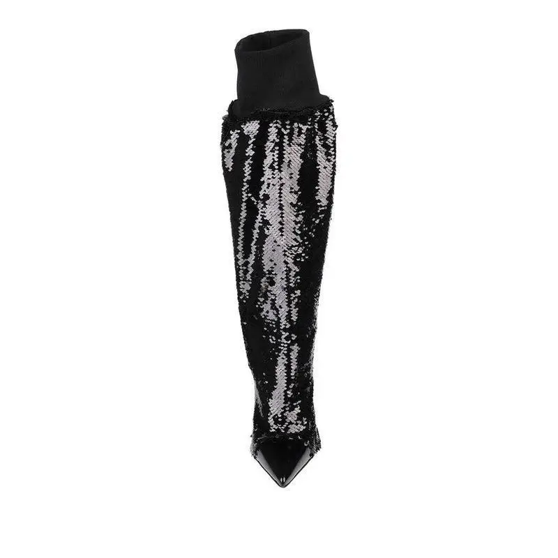 

Bling Black Pointed Toe Knee-High Women Boots Stiletto High Heels Elastic Band Slip On Design Large Size Fashion Lady Shoes