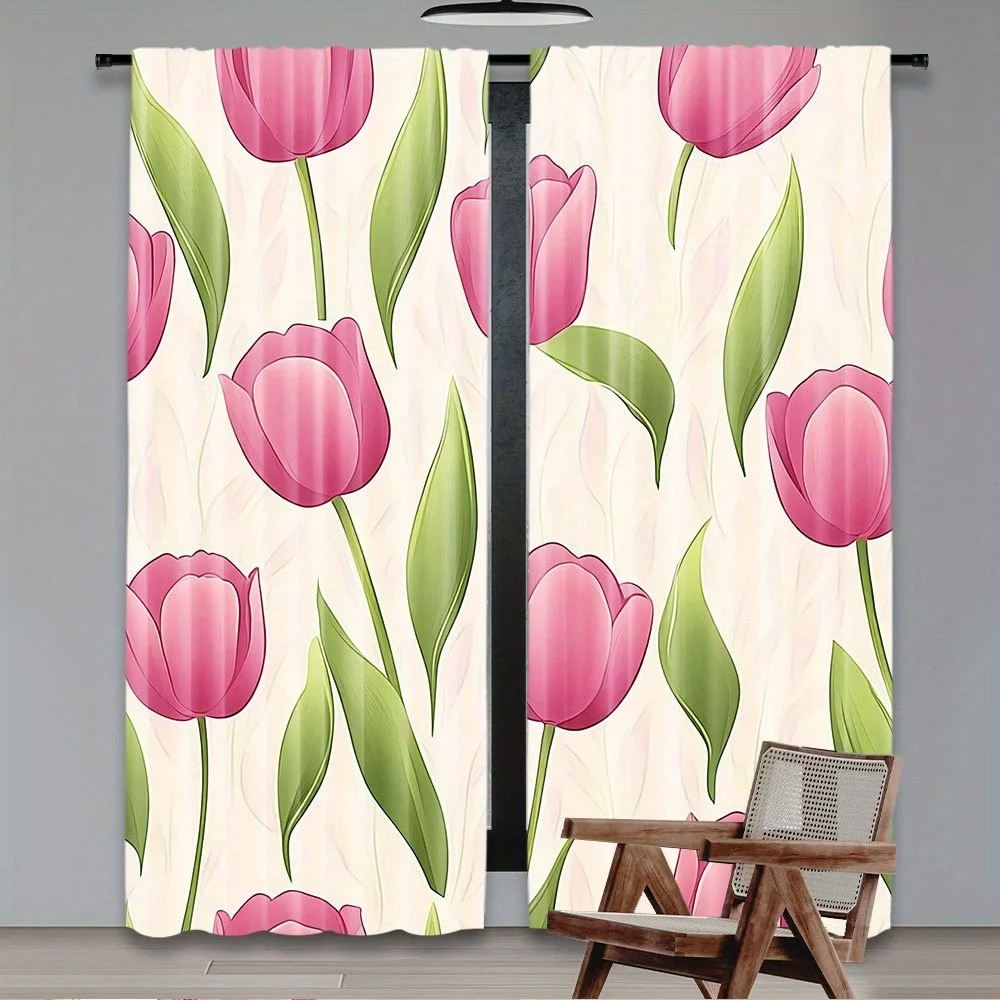 Elegant Pink Tulip Floral Print Curtain Panels for Living Room Home Decor Window Treatment