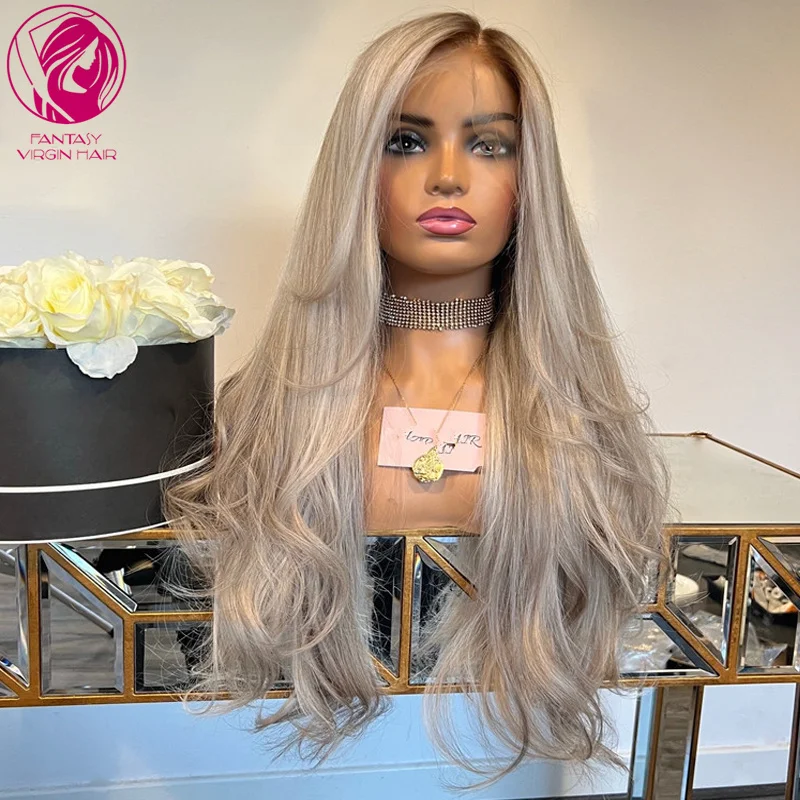 Natural Wavy Human Hair Wigs Large Small Cap Size Full Lace Wig for Women Light Grey Blonde Highlights 360 Lace Frontal Wigs HD