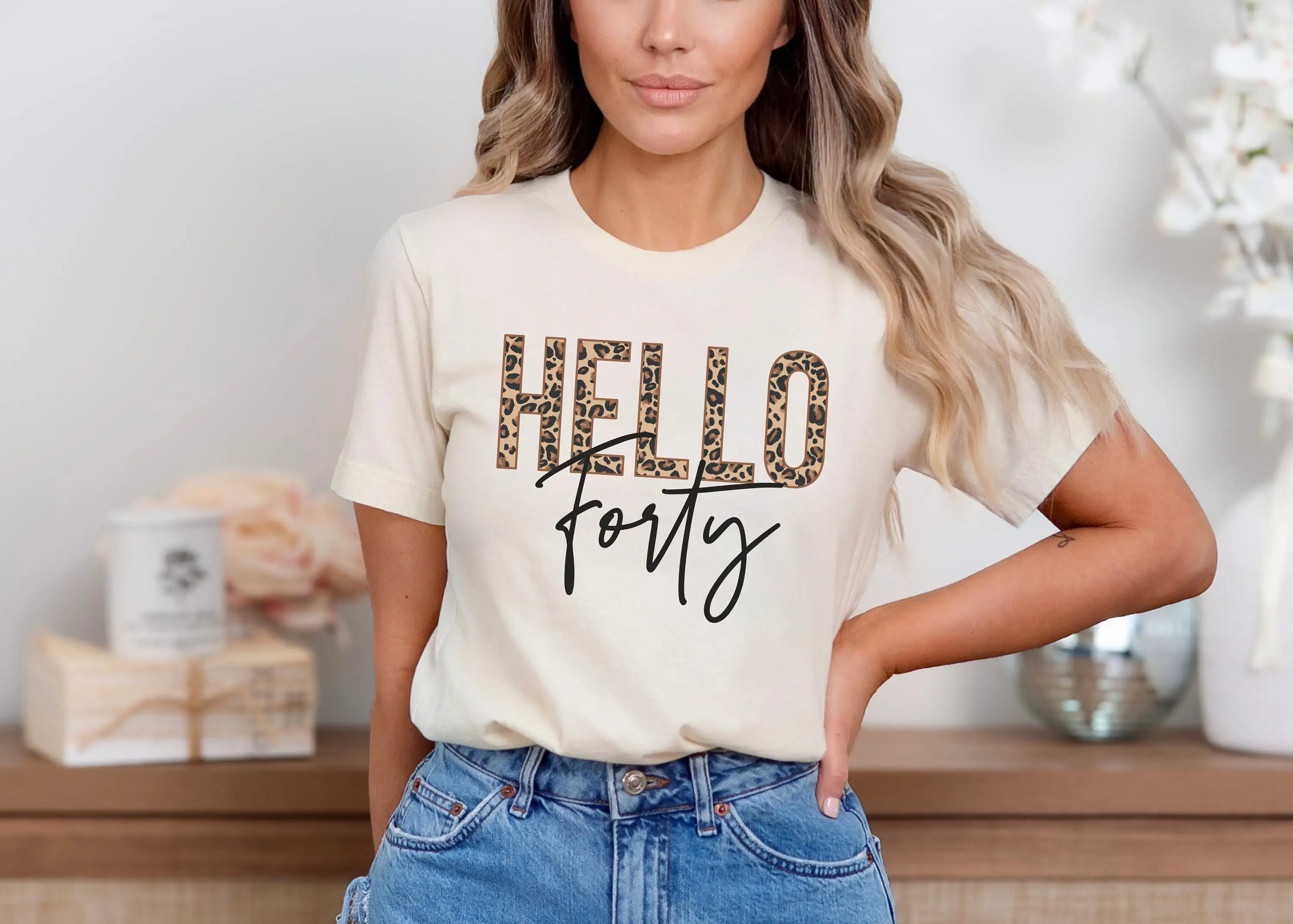 Hello Forty Leopard Birthday T Shirt 40Th 1984 Crewneck