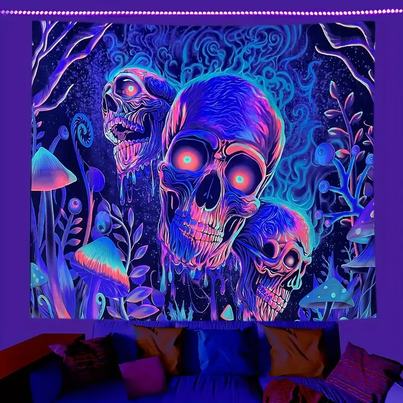 VIKAMA Trippy Skull Mushroom Forest Tapestry Psychedelic Blacklight Wall Hanging Bedroom Dorm Gaming Room Decor