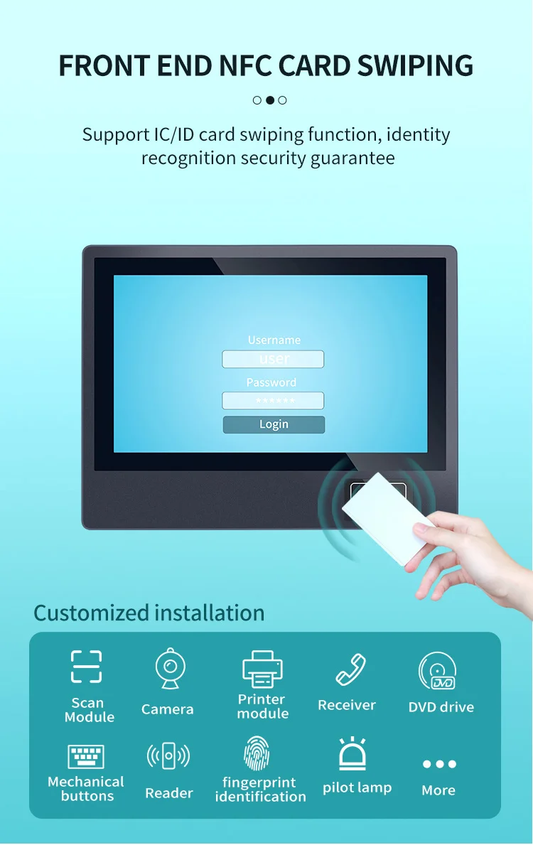 لوحة كمبيوتر صناعية ZXY Linux Ubuntu الكل في واحد تعمل باللمس مع شاشة TFT LCD بدون مروحة NFC للتحكم في الوصول إلى غرفة الاجتماعات