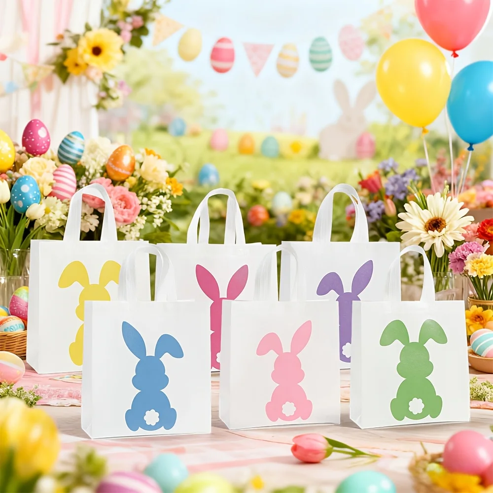 6Pcs Easter Cute Rabbit Non-Woven Gift Bags, Mixed Color, Reusable with Handle, Polyester Shopping Bags for Birthday Party Suppl